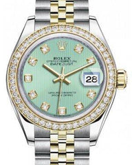Rolex Lady Datejust 28 Yellow Gold/Steel Mint Green Diamond Dial & Diamond Bezel Jubilee Bracelet 279383RBR