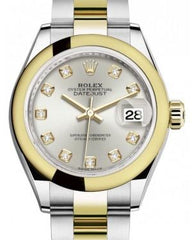 Rolex Lady Datejust 28 Yellow Gold/Steel Silver Diamond Dial & Smooth Domed Bezel Oyster Bracelet 279163