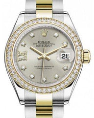 Rolex Lady Datejust 28 Yellow Gold/Steel Silver Diamond IX Dial & Diamond Bezel Oyster Bracelet 279383RBR