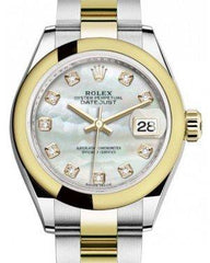 Rolex Lady Datejust 28 Yellow Gold/Steel White Mother of Pearl Diamond Dial & Smooth Domed Bezel Oyster Bracelet 279163