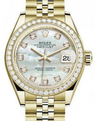Rolex Lady Datejust 28 Yellow Gold White Mother of Pearl Diamond Dial & Diamond Bezel Jubilee Bracelet 279138RBR