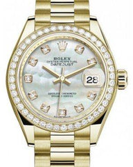 Rolex Lady Datejust 28 Yellow Gold White Mother of Pearl Diamond Dial & Diamond Bezent Bracelet 279138RBRPresid