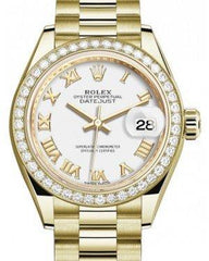 Rolex Lady Datejust 28 Yellow Gold White Roman Dial & Diamond Bezel President Bracelet 279138RBR