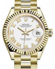 Rolex Lady Datejust 28 Yellow Gold White Roman Dial & Fluted Bezel President Bracelet 279178