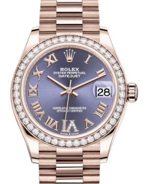 Rolex Lady-Datejust 31 Rose Gold Aubergine Roman Diamond VI Dial & Diamond Bezel President Bracelet 278285RBR