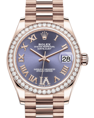 Rolex Lady-Datejust 31 Rose Gold Aubergine Roman Diamond VI Dial & Diamond Bezel President Bracelet 278285RBR