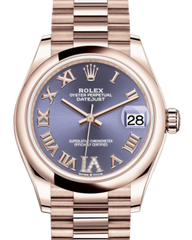 Rolex Lady-Datejust 31 Rose Gold Aubergine Roman Diamond VI Dial & Smooth Domed Bezel President Bracelet 278245