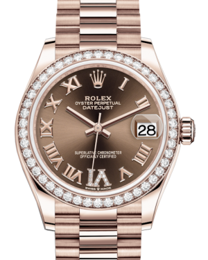Rolex Lady-Datejust 31 Rose Gold Chocolate Roman Diamond VI Dial & Diamond Bezel President Bracelet 278285RBR