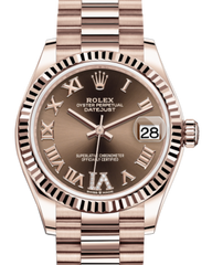 Rolex Lady-Datejust 31 Rose Gold Chocolate Roman Diamond VI Dial & Fluted Bezel President Bracelet 278275