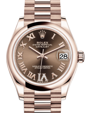 Rolex Lady-Datejust 31 Rose Gold Chocolate Roman Diamond VI Dial & Smooth Domed Bezel President Bracelet 278245