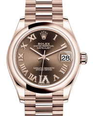 Rolex Lady-Datejust 31 Rose Gold Chocolate Roman Diamond VI Dial & Smooth Domed Bezel President Bracelet 278245