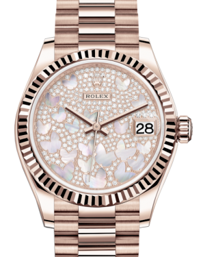 Rolex Lady-Datejust 31 Rose Gold Mother of Pearl Butterfly Diamond Paved Dial & Fluted Bezel President Bracelet 278275