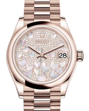 Rolex Lady-Datejust 31 Rose Gold Mother of Pearl Butterfly Diamond Paved Dial & Smooth Domed Bezel President Bracelet 278245