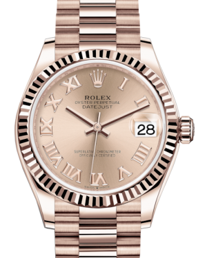 Rolex Lady-Datejust 31 Rose Gold Rose Roman Dial & Fluted Bezel President Bracelet 278275