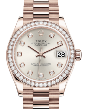 Rolex Lady-Datejust 31 Rose Gold Silver Diamond Dial & Diamond Bezel President Bracelet 278285RBR