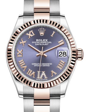 Rolex Lady-Datejust 31 Rose Gold/Steel Aubergine Roman Diamond VI Dial & Fluted Bezel Oyster Bracelet 278271 - Fresh - NY WATCH LAB 