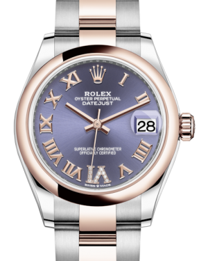 Rolex Lady-Datejust 31 Rose Gold/Steel Aubergine Roman Diamond VI Dial & Smooth Domed Bezel Oyster Bracelet 278241 - Fresh - NY WATCH LAB 