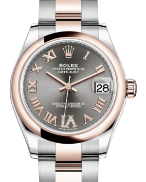 Rolex Lady-Datejust 31 Rose Gold/Steel Rhodium Roman Diamond VI Dial & Smooth Domed Bezel Oyster Bracelet 278241 - Fresh - NY WATCH LAB 
