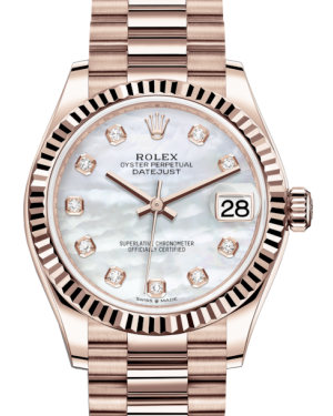 Rolex Lady-Datejust 31 Rose Gold White Mother of Pearl Diamond Dial & Fluted Bezel President Bracelet 278275