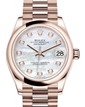 Rolex Lady-Datejust 31 Rose Gold White Mother of Pearl Diamond Dial & Smooth Domed Bezel President Bracelet 278275