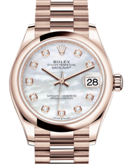 Rolex Lady-Datejust 31 Rose Gold White Mother of Pearl Diamond Dial & Smooth Domed Bezel President Bracelet 278245