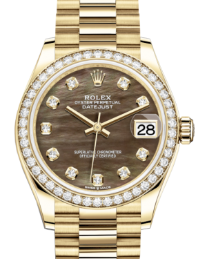 Rolex Lady-Datejust 31 Yellow Gold Black Mother of Pearl Diamond Dial & Diamond Bezel President Bracelet 278288RBR
