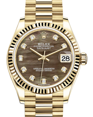 Rolex Lady-Datejust 31 Yellow Gold Black Mother of Pearl Diamond Dial & Fluted Bezel President Bracelet 278278
