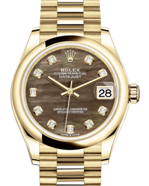Rolex Lady-Datejust 31 Yellow Gold Black Mother of Pearl Diamond Dial & Smooth Domed Bezel President Bracelet 278248