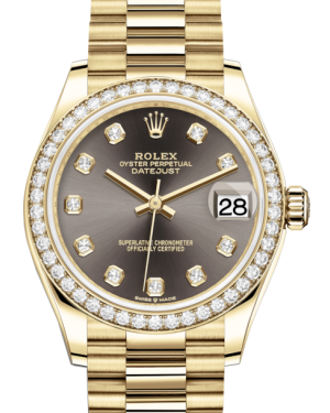 Rolex Lady-Datejust 31 Yellow Gold Dark Grey Diamond Dial & Diamond Bezel President Bracelet 278288RBR