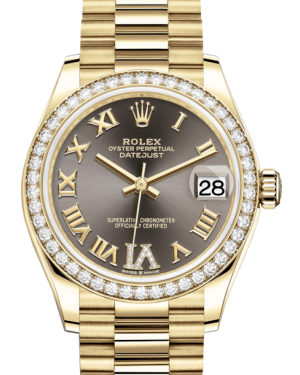 Rolex Lady-Datejust 31 Yellow Gold Dark Grey Roman Diamond VI Dial & Diamond Bezel President Bracelet 278288RBR