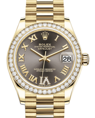 Rolex Lady-Datejust 31 Yellow Gold Dark Grey Roman Diamond VI Dial & Diamond Bezel President Bracelet 278288RBR