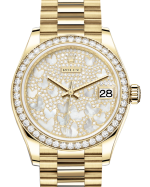 Rolex Lady-Datejust 31 Yellow Gold Mother of Pearl Butterfly Diamond Paved Dial & Diamond Bezel President Bracelet 278288RBR