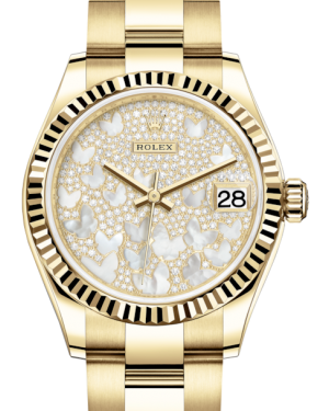 Rolex Lady-Datejust 31 Yellow Gold Mother of Pearl Butterfly Diamond Paved Dial & Fluted Bezel Oyster Bracelet 278278