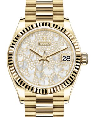 Rolex Lady-Datejust 31 Yellow Gold Mother of Pearl Butterfly Diamond Paved Dial & Fluted Bezel President Bracelet 278278