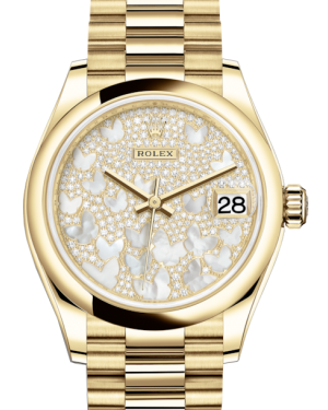 Rolex Lady-Datejust 31 Yellow Gold Mother of Pearl Butterfly Diamond Paved Dial & Smooth Domed Bezel President Bracelet 278248