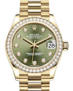 Rolex Lady-Datejust 31 Yellow Gold Olive Green Diamond Dial & Diamond Bezel President Bracelet 278288RBR