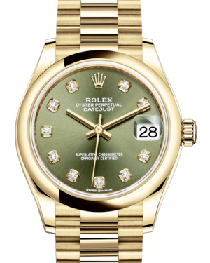 Rolex Lady-Datejust 31 Yellow Gold Olive Green Diamond Dial & Smooth Domed Bezel President Bracelet 278248