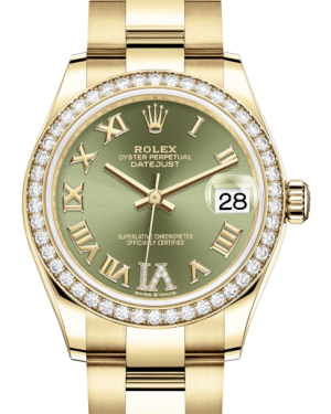 Rolex Lady-Datejust 31 Yellow Gold Olive Green Roman Diamond VI Dial & Diamond Bezel Oyster Bracelet 278288RBR