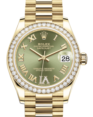 Rolex Lady-Datejust 31 Yellow Gold Olive Green Roman Diamond VI Dial & Diamond Bezel President Bracelet 278288RBR