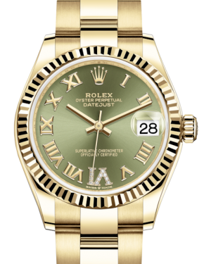 Rolex Lady-Datejust 31 Yellow Gold Olive Green Roman Diamond VI Dial & Fluted Bezel Oyster Bracelet 278278