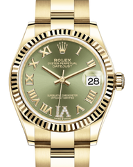 Rolex Lady-Datejust 31 Yellow Gold Olive Green Roman Diamond VI Dial & Fluted Bezel Oyster Bracelet 278278