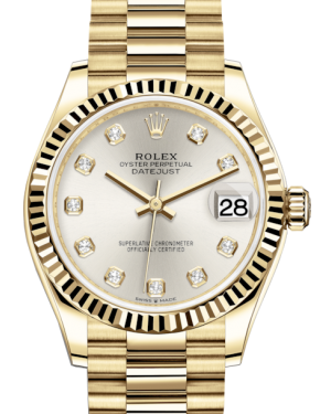 Rolex Lady-Datejust 31 Yellow Gold Silver Diamond Dial & Fluted Bezel President Bracelet 278278