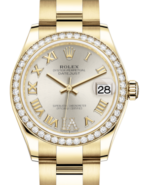 Rolex Lady-Datejust 31 Yellow Gold Silver Roman Diamond VI Dial & Diamond Bezel Oyster Bracelet 278288RBR