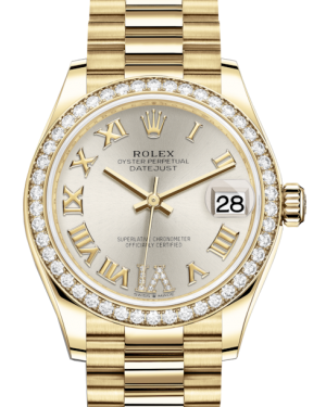 Rolex Lady-Datejust 31 Yellow Gold Silver Roman Diamond VI Dial & Diamond Bezel President Bracelet 278288RBR