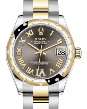 Rolex Lady-Datejust 31 Yellow Gold/Steel Dark Grey Roman Diamond VI Dial & Domed Set with Diamonds Bezel Oyster Bracelet 278343RBR - Fresh - NY WATCH LAB 