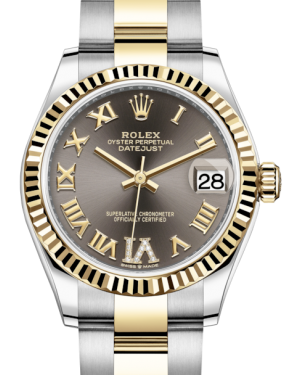 Rolex Lady-Datejust 31 Yellow Gold/Steel Dark Grey Roman Diamond VI Dial & Fluted Bezel Oyster Bracelet 278273 - Fresh - NY WATCH LAB 