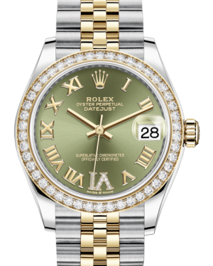 Rolex Lady-Datejust 31 Yellow Gold/Steel Olive Green Roman Diamond VI Dial & Diamond Bezel Jubilee Bracelet 278383RBR
