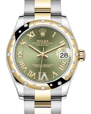 Rolex Lady-Datejust 31 Yellow Gold/Steel Olive Green Roman Diamond VI Dial & Domed Set with Diamonds Bezel Oyster Bracelet 278343RBR - Fresh - NY WATCH LAB 