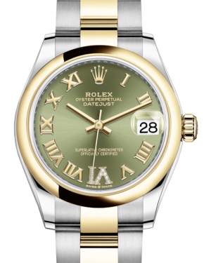 Rolex Lady-Datejust 31 Yellow Gold/Steel Olive Green Roman Diamond VI Dial & Smooth Domed Bezel Oyster Bracelet 278243 - Fresh - NY WATCH LAB 