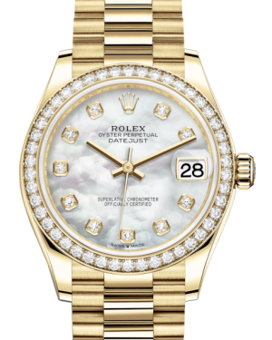 Rolex Lady-Datejust 31 Yellow Gold White Mother of Pearl Diamond Dial & Diamond Bezel President Bracelet 278288RBR